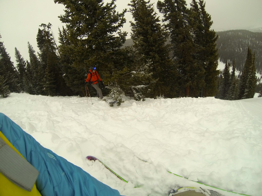 Looking downhill from where I came to rest, where Tyler found my closest ski pole.