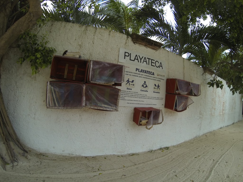 The 'playateca' (beach library) at Playa Las Perlas, one of the public beaches on the way to Cancun.