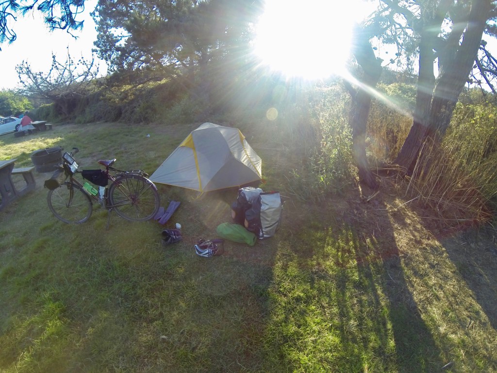 Sunny bicycle camping spot in California.